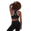 vue arrière d'une brassière de sport femme noir avec le logo de la marque "physique affûté"