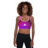 brassière sport femme couleur violet rose en diagonales physique affûté vue de face