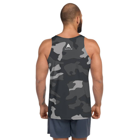 Débardeur sport pour homme imprimé camouflage noir gris physique affûté vue de dos