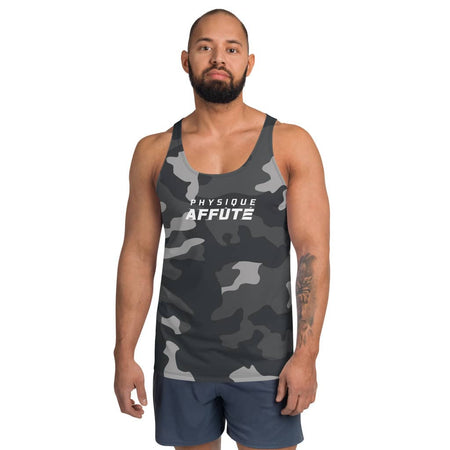 Débardeur sport pour homme imprimé camouflage noir gris physique affûté vue de face