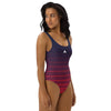Maillot de Bain 1 Pièce femme stripes bleu rouge face - Physique Affuté