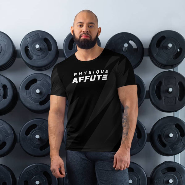 T-shirt de sport noir design gris pour homme vue de face