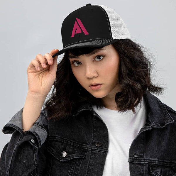 casquette rétro style trucker noir-gris logo rose brodé à l'avant physique-affûté