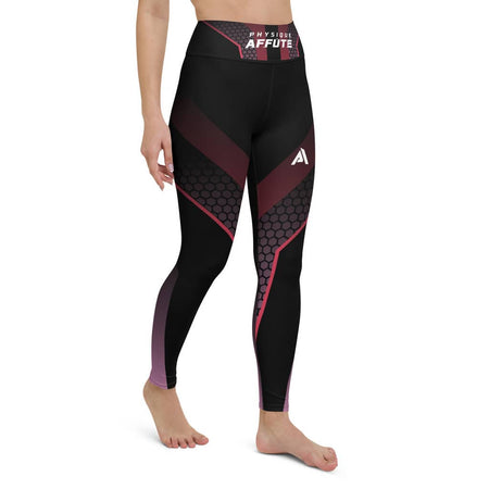 collant de sport pour femme design noir rose avec la marque physique affûté imprimé sur la ceinture avant et le logo couleur blanc sur la cuisse gauche vue de face