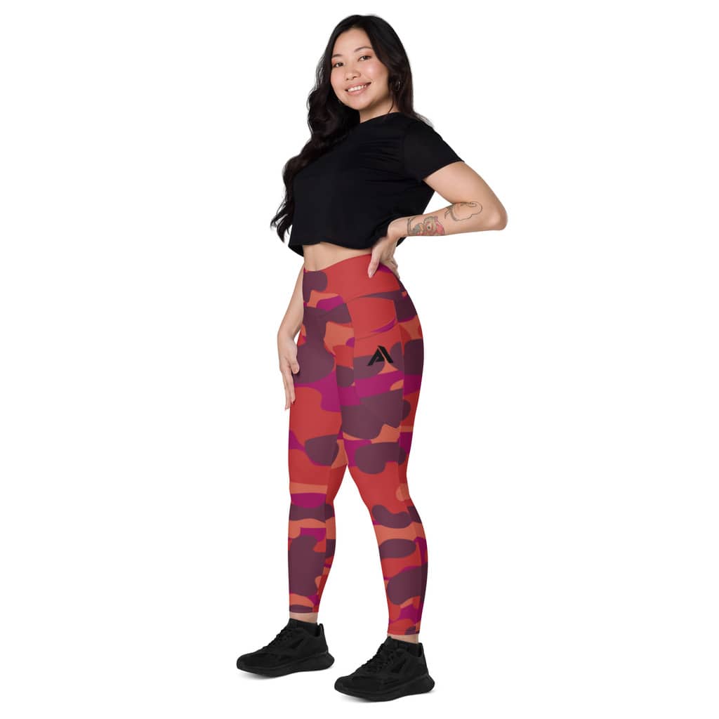 collant sport femme avec poches camouflage rouge-orange physique-affuté coté gauche