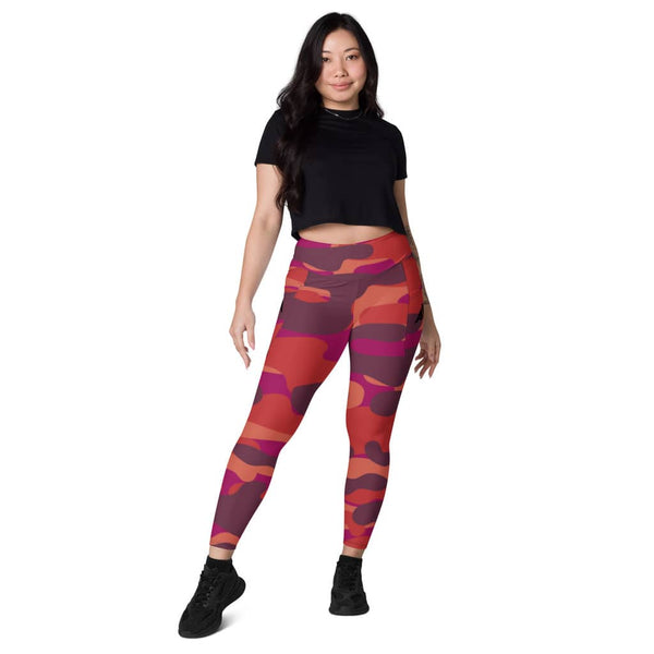 collant sport femme avec poches camouflage rouge-orange physique-affuté face
