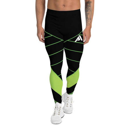 collant de sport pour homme couleur noir design vert avec le logo blanc imprimé sur la cuisse avant gauche vue de face