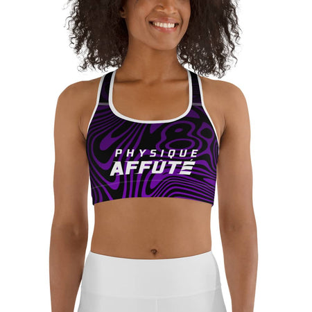 soutien gorge de sport noir design violet avec à l'avant la marque physique affûté de couleur blanc vue de face