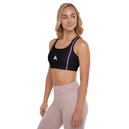 brassière de sport noir bande violet rembourrée physique-affuté face