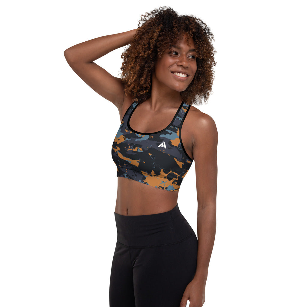 brassière de sport noir gris orange rembourrée physique-affuté face