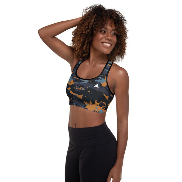 brassière de sport noir gris orange rembourrée physique-affuté face